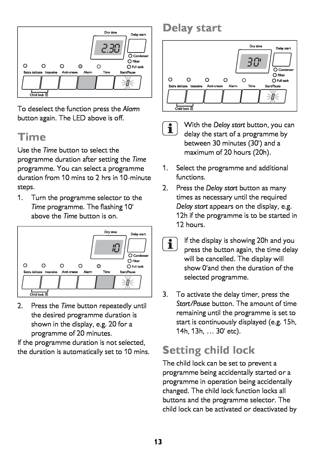John Lewis JLTDH15 instruction manual Delay start, Time, Setting child lock 