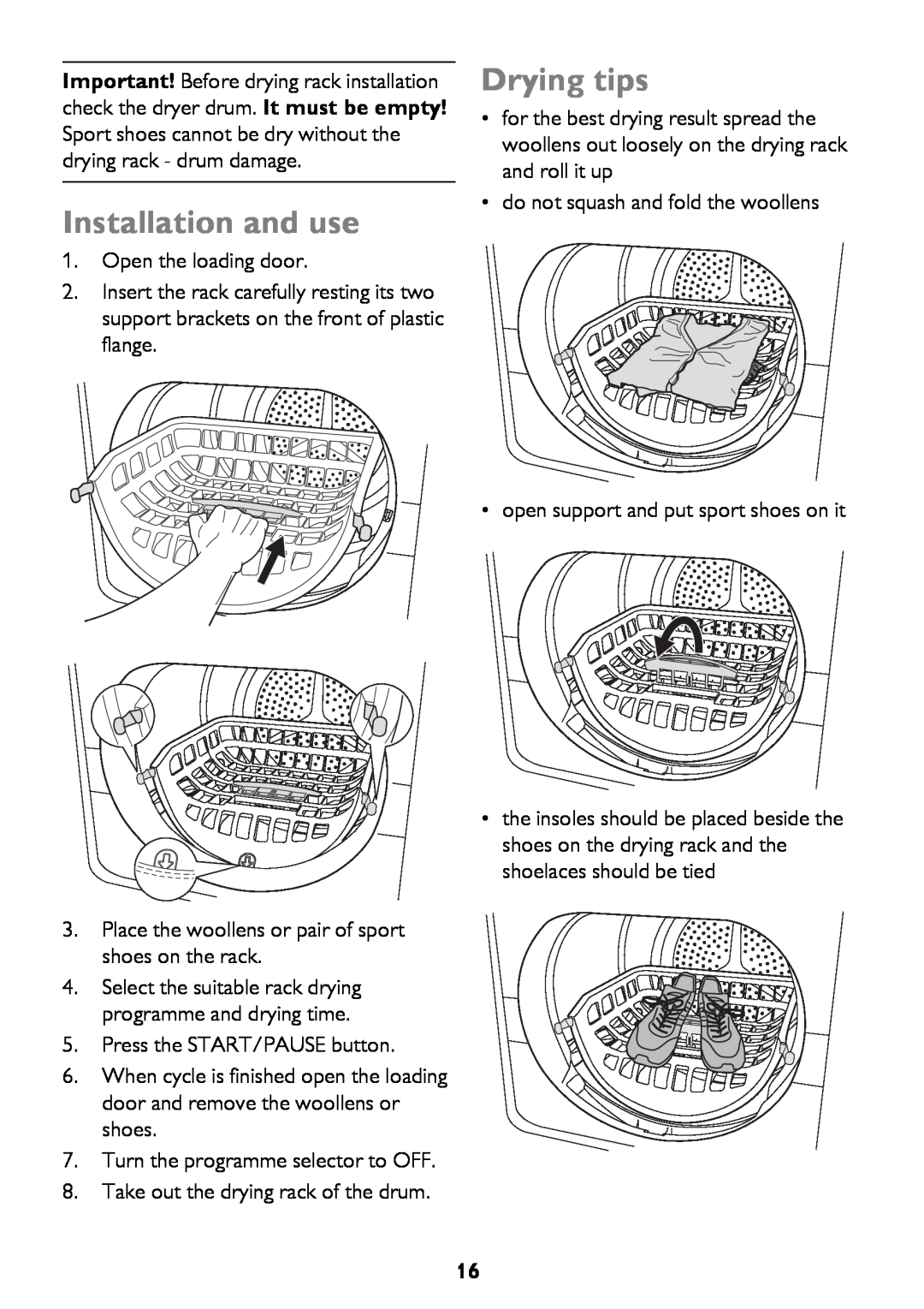 John Lewis JLTDH15 instruction manual Installation and use, Drying tips 