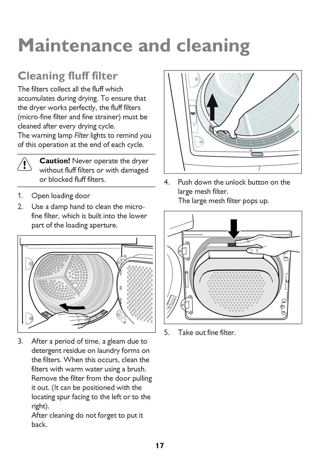 John Lewis JLTDH15 instruction manual Maintenance and cleaning, Cleaning fluff filter 