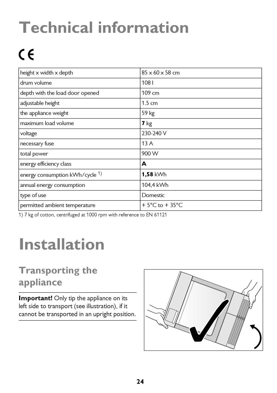 John Lewis JLTDH15 instruction manual Technical information, Installation, Transporting the appliance, 7 kg, 1,58 kWh 