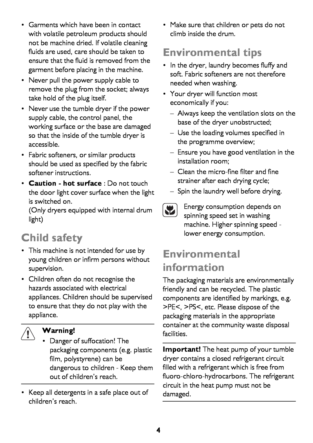 John Lewis JLTDH15 instruction manual Child safety, Environmental tips, Environmental information 