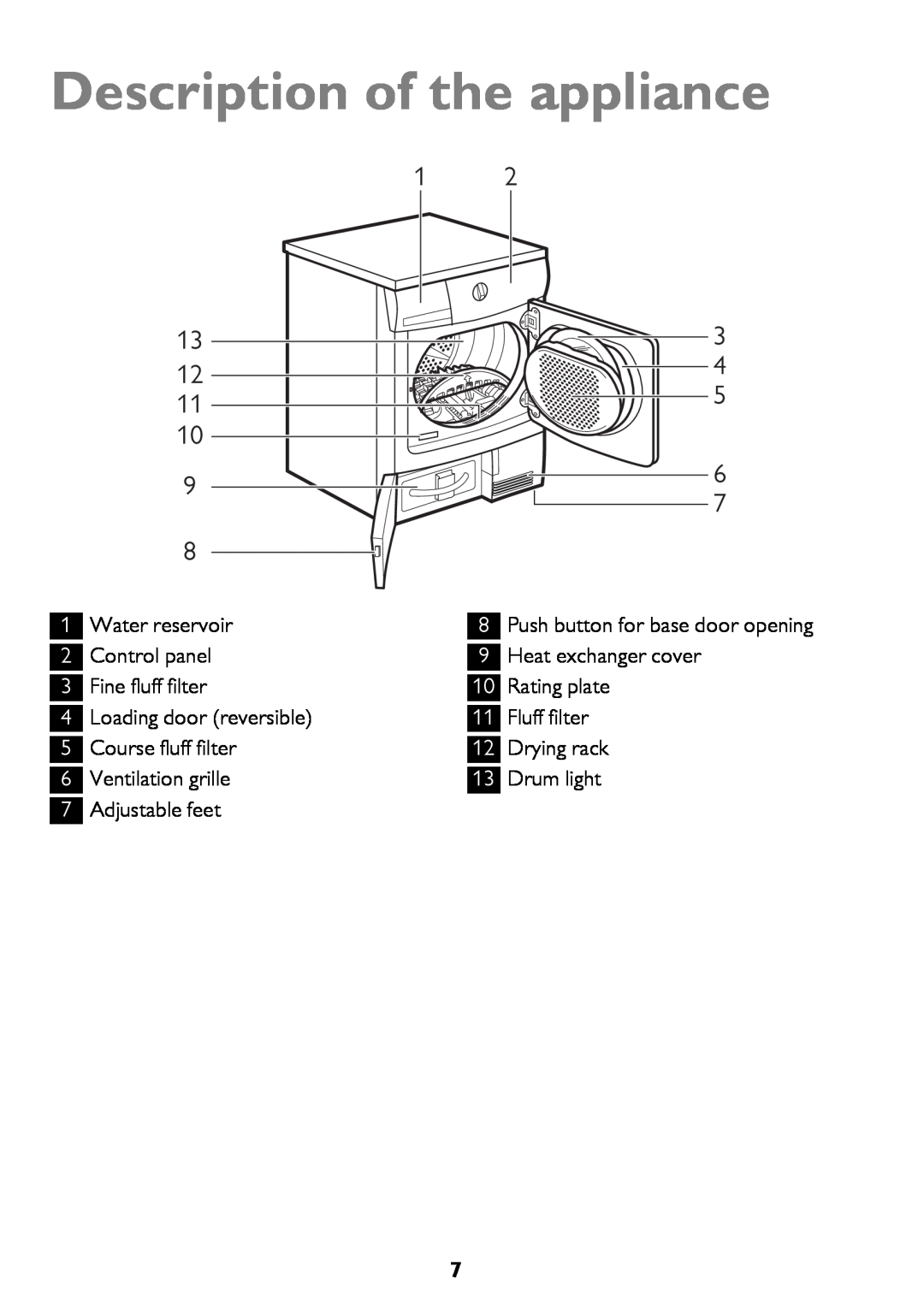 John Lewis JLTDH15 instruction manual Description of the appliance, Adjustable feet 