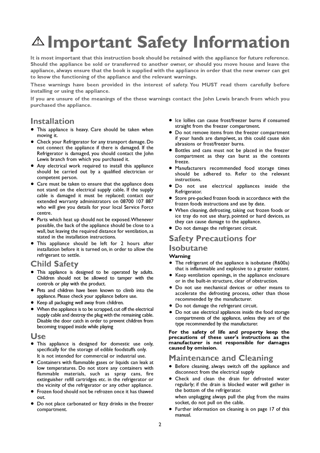 John Lewis JLUCFRW6001 instruction manual Important Safety Information 