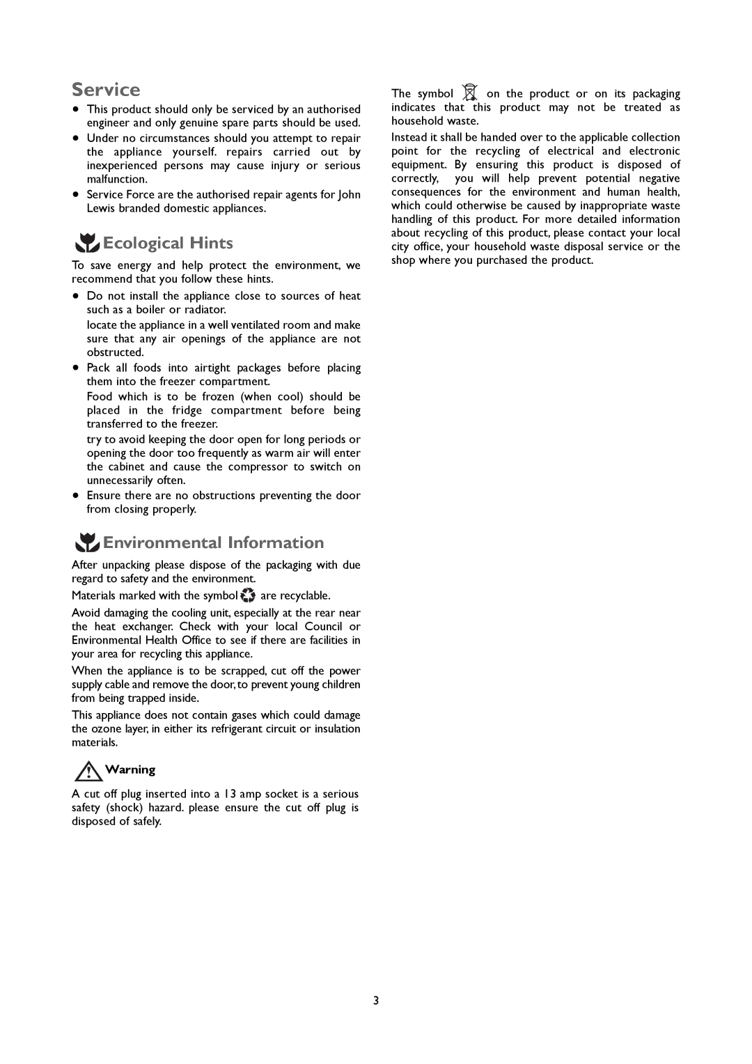 John Lewis JLUCFRW6001 instruction manual Service, Ecological Hints, Environmental Information 