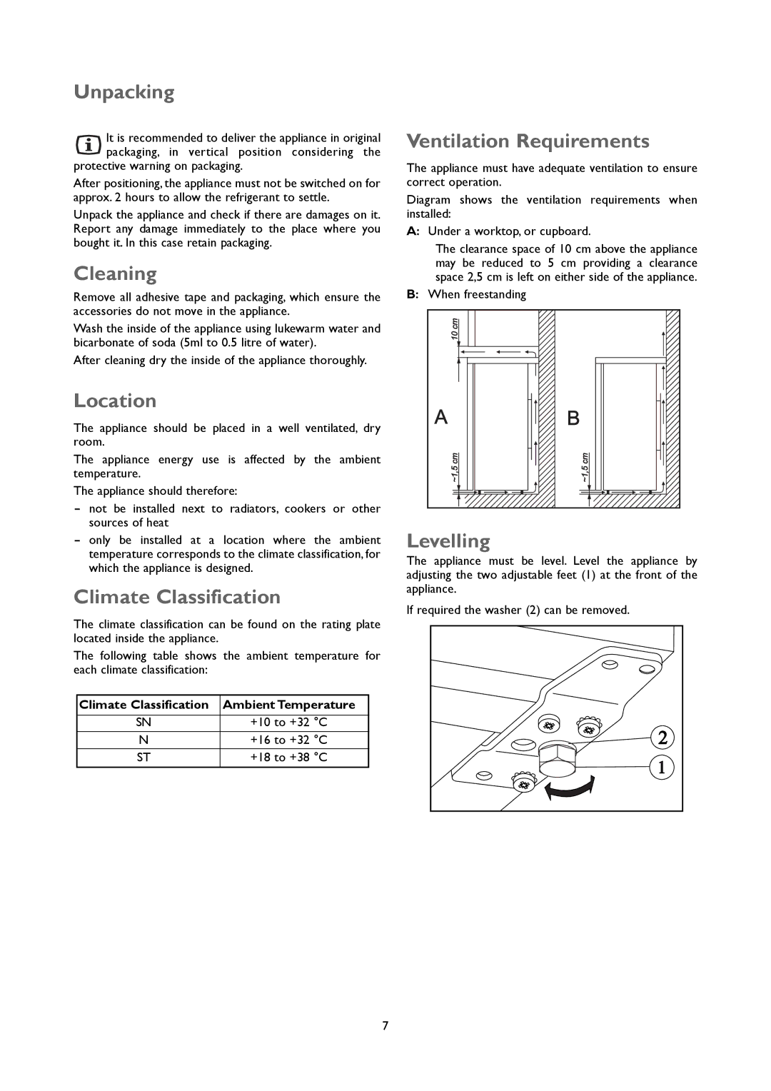 John Lewis JLUCFRW6001 instruction manual Unpacking, Cleaning, Location, Climate Classification, Ventilation Requirements 