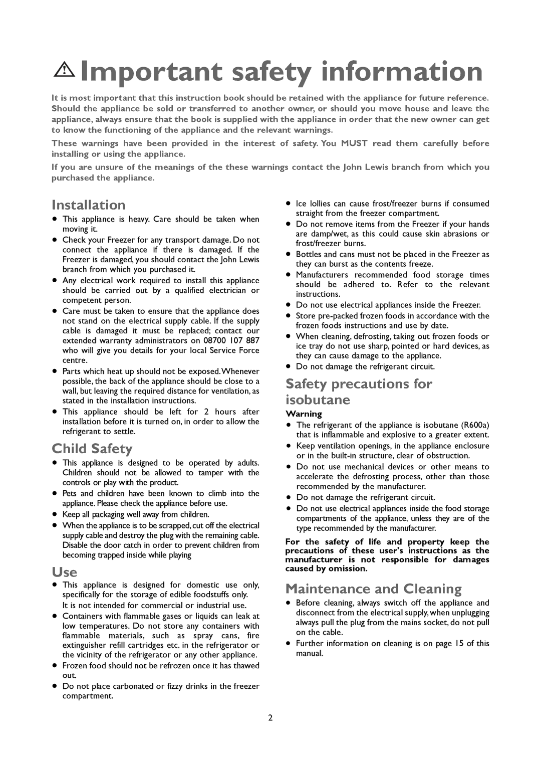 John Lewis JLUCFZW6002 instruction manual Important safety information 