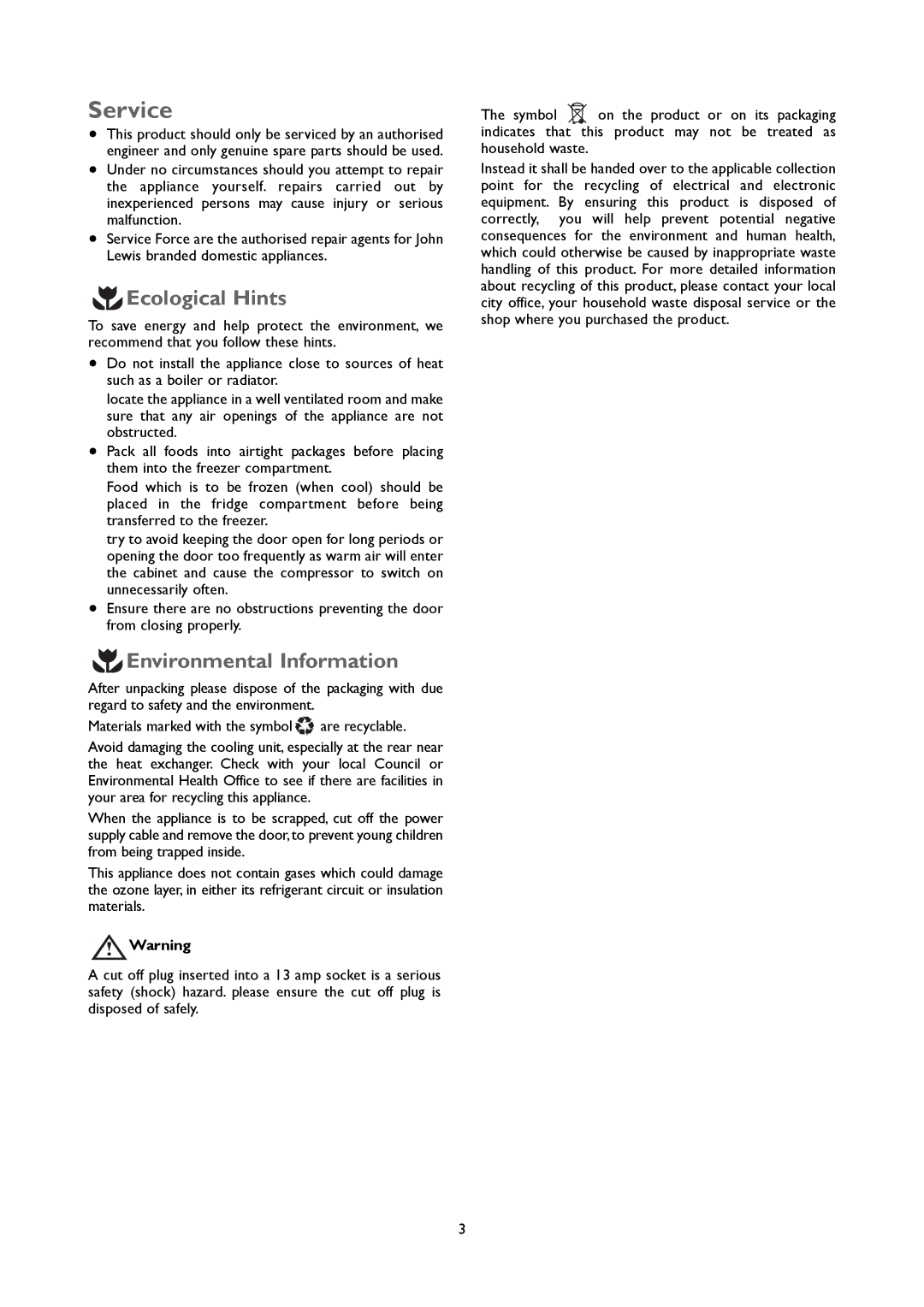 John Lewis JLUCFZW6002 instruction manual Service, Ecological Hints, Environmental Information 