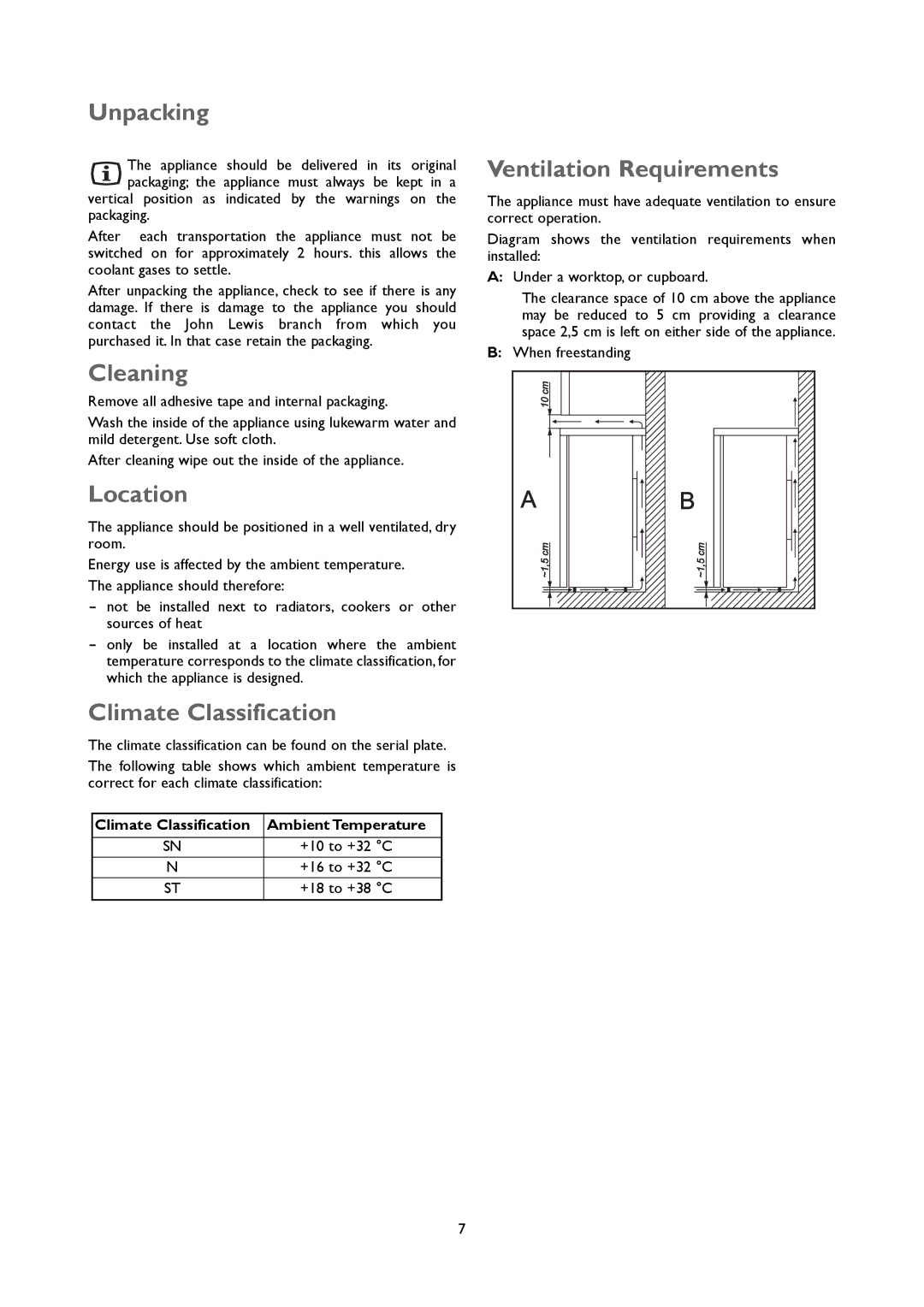 John Lewis JLUCFZW6002 instruction manual Unpacking, Cleaning, Location, Climate Classification, Ventilation Requirements 