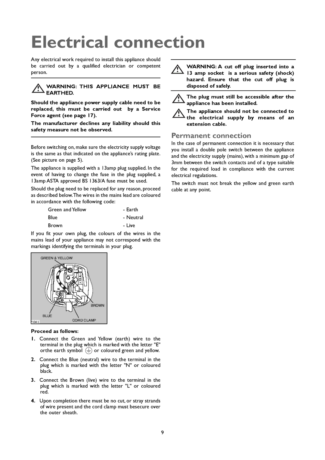 John Lewis JLUCFZW6002 instruction manual Electrical connection, Permanent connection 