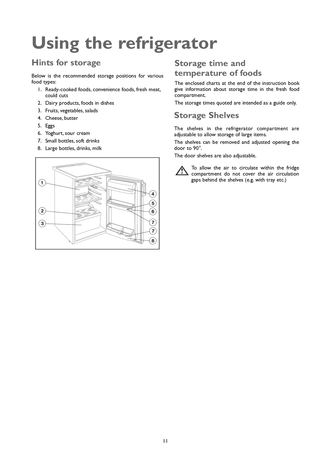 John Lewis JLUCLFW6003 Using the refrigerator, Hints for storage, Storage time and temperature of foods, Storage Shelves 