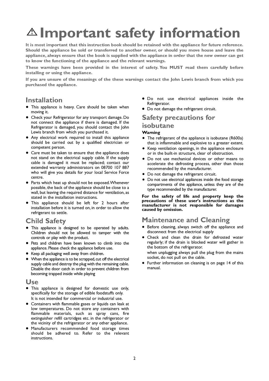 John Lewis JLUCLFW6003 instruction manual Important safety information 