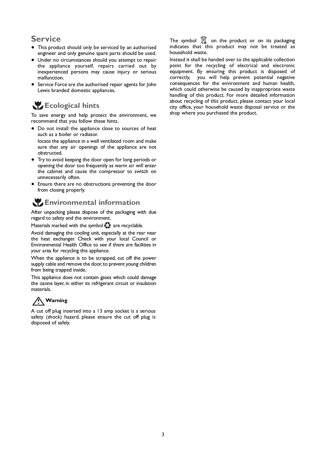 John Lewis JLUCLFW6003 instruction manual Service, Ecological hints, Environmental information 