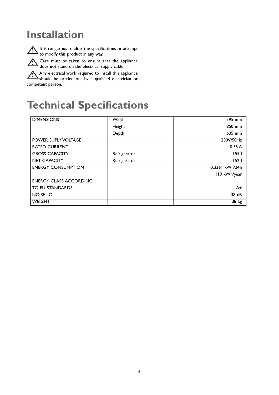 John Lewis JLUCLFW6003 instruction manual Installation, Technical Specifications 