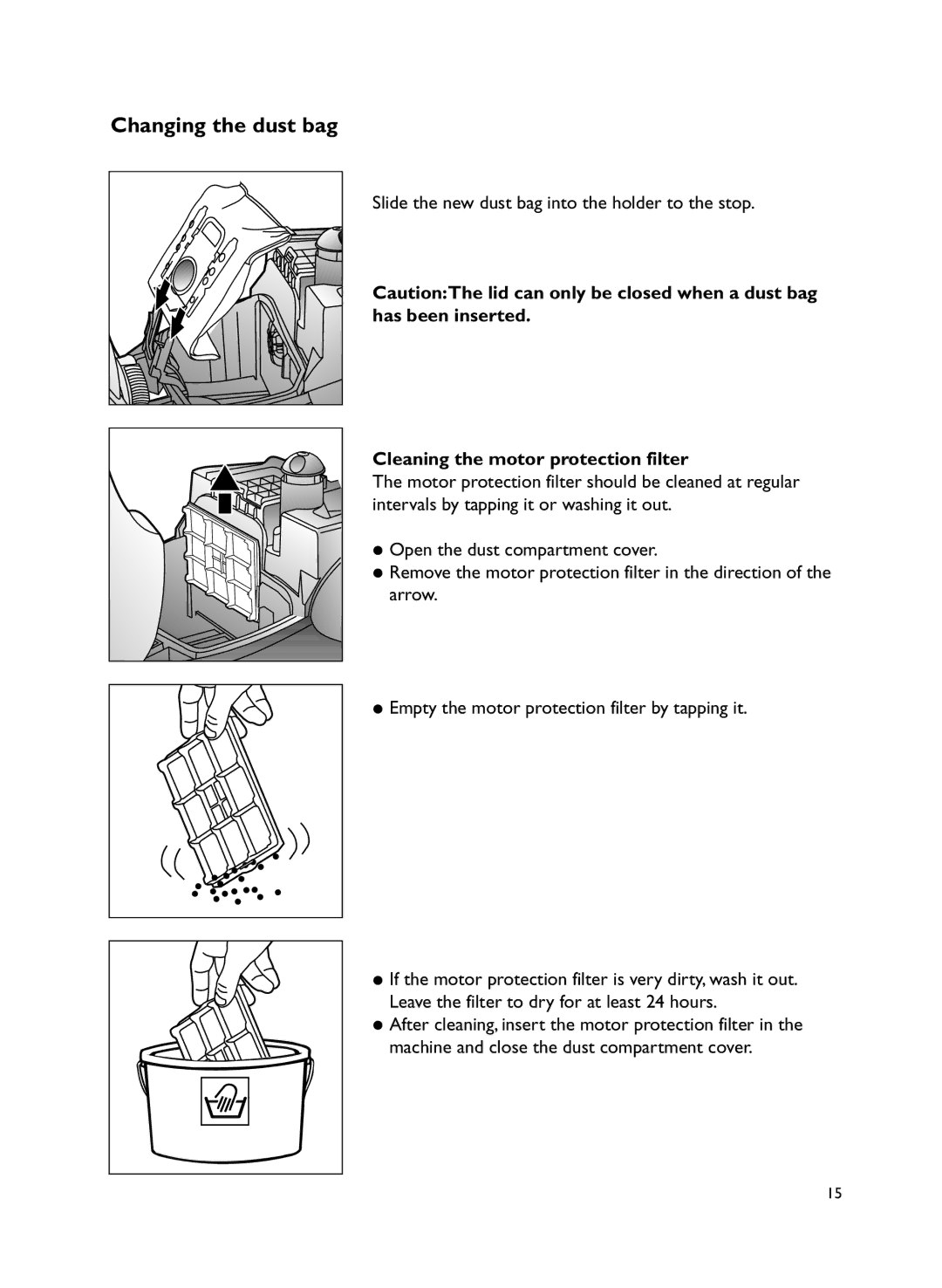 John Lewis JLVS06 instruction manual Cleaning the motor protection filter 