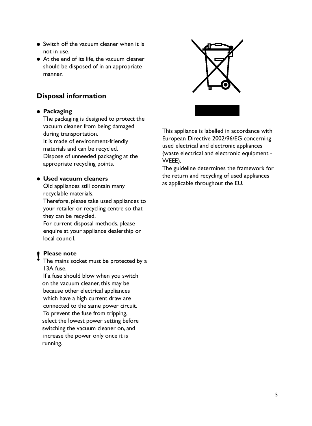 John Lewis JLVS06 instruction manual Disposal information, Packaging, Used vacuum cleaners, Please note 