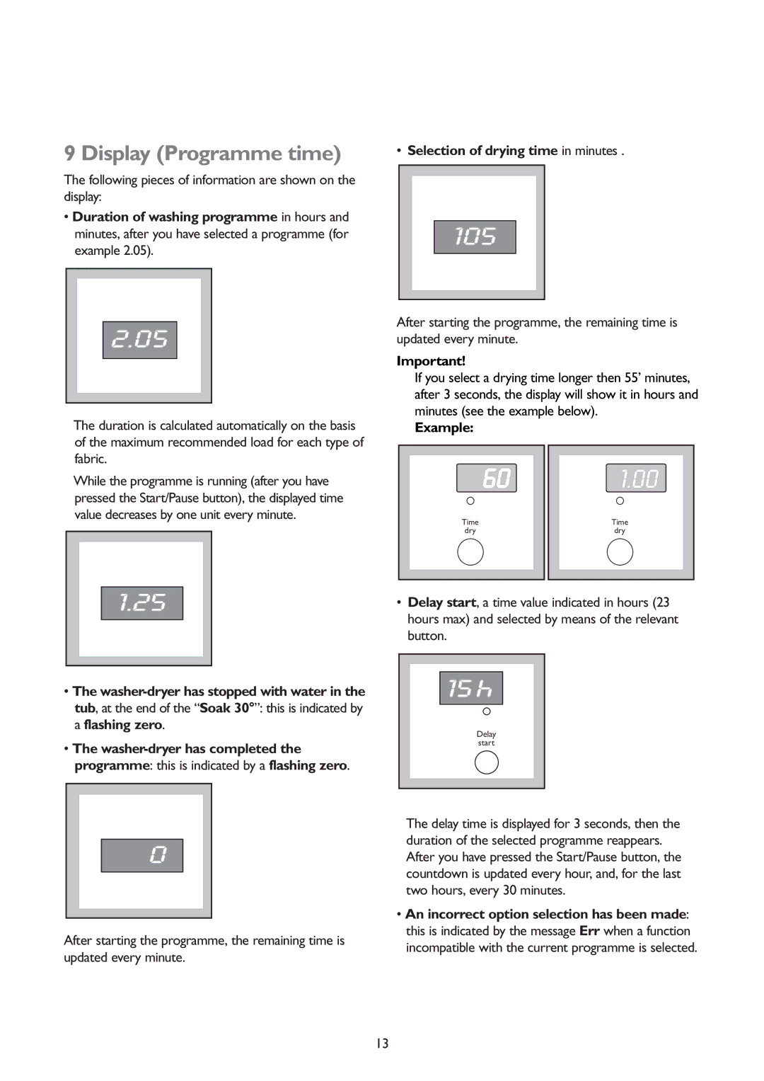 John Lewis JLWD 1406 1400 instruction manual Display Programme time, Selection of drying time in minutes 