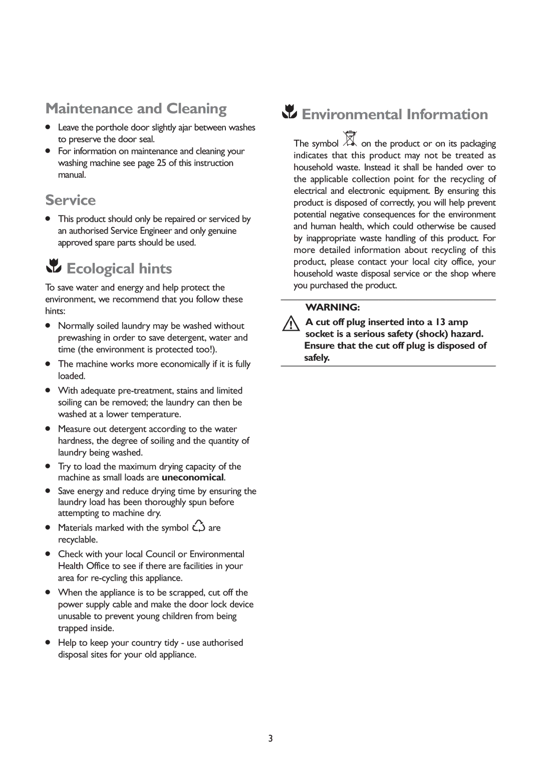 John Lewis JLWD 1406 1400 instruction manual Maintenance and Cleaning, Service, Ecological hints, Environmental Information 