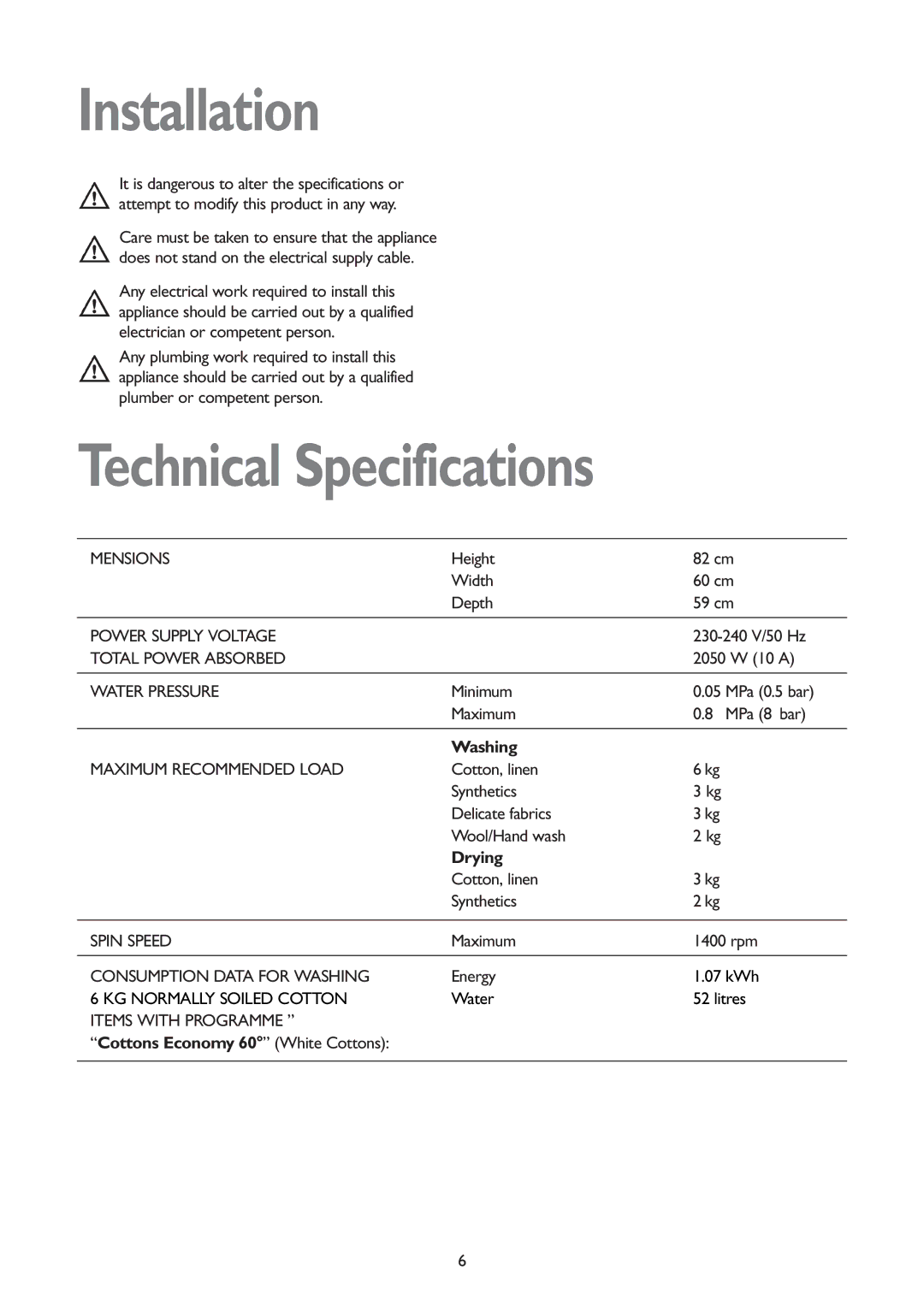 John Lewis JLWD 1406 1400 instruction manual Installation, Technical Specifications, Washing, Drying 