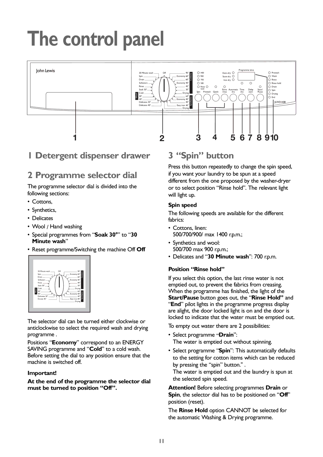 John Lewis JLWD 1408 Control panel, Detergent dispenser drawer Programme selector dial, Spin button, Spin speed 