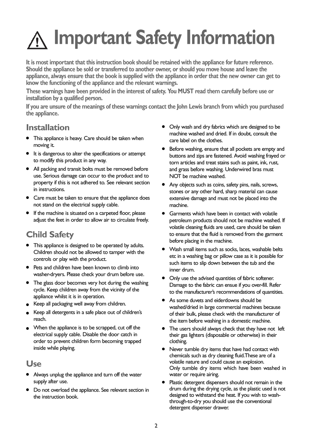 John Lewis JLWD 1408 instruction manual Installation, Child Safety, Use 