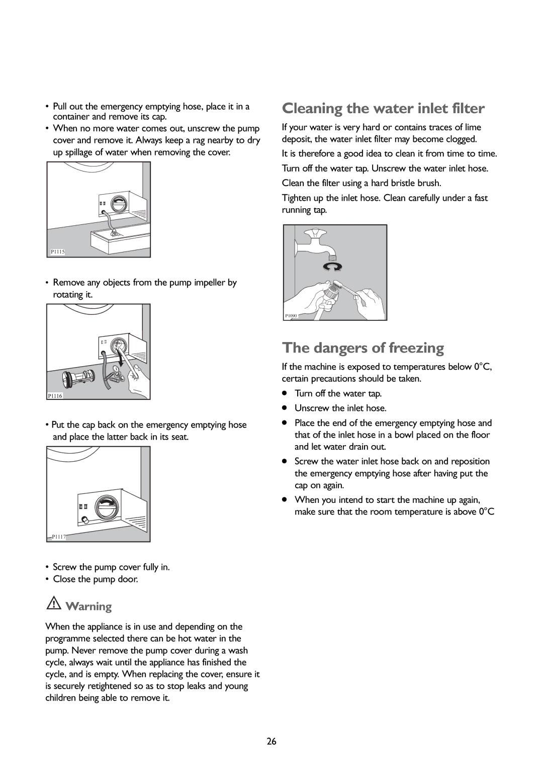 John Lewis JLWD 1408 Cleaning the water inlet filter, Remove any objects from the pump impeller by rotating it 