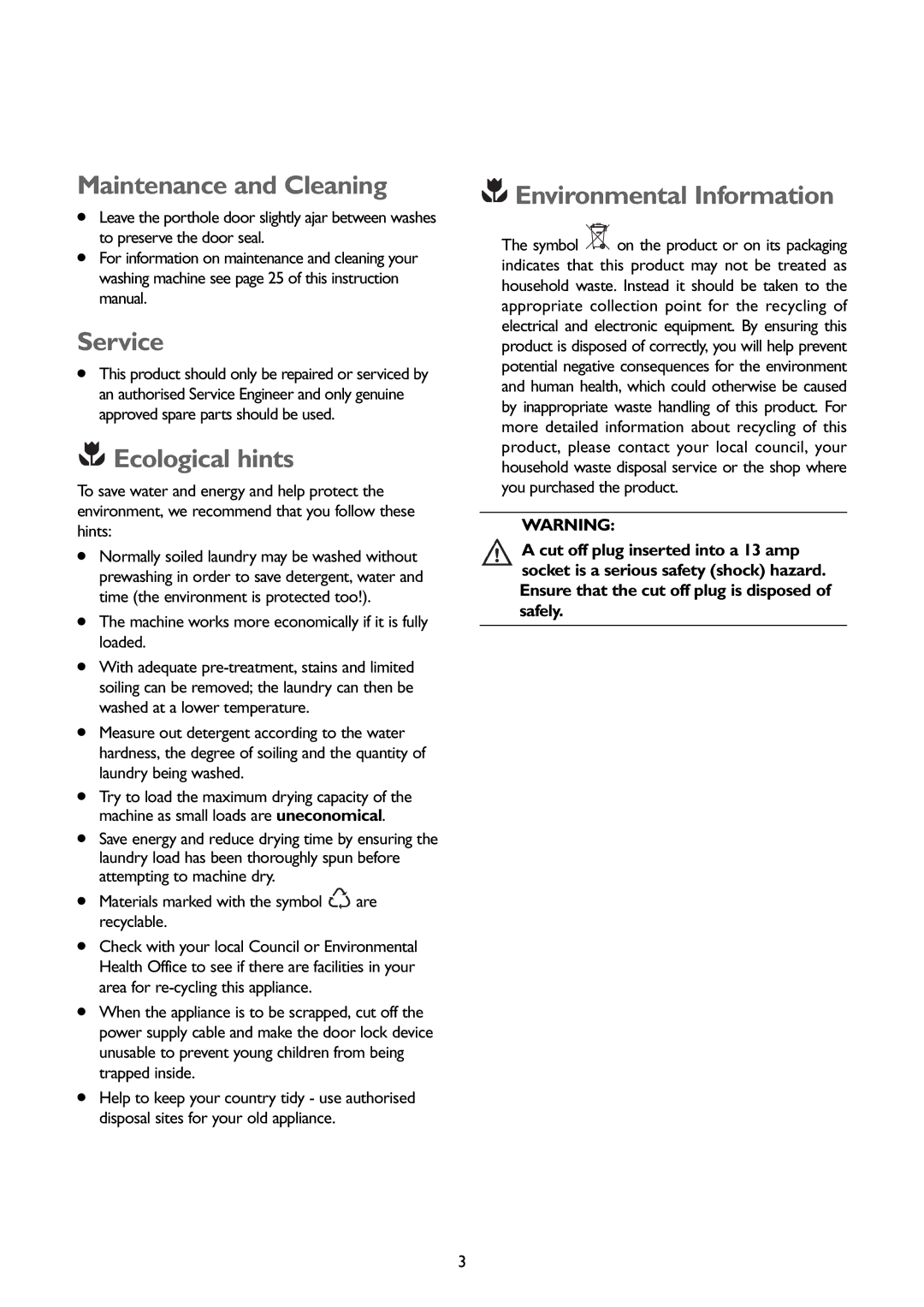 John Lewis JLWD 1408 instruction manual Maintenance and Cleaning, Service, Ecological hints, Environmental Information 