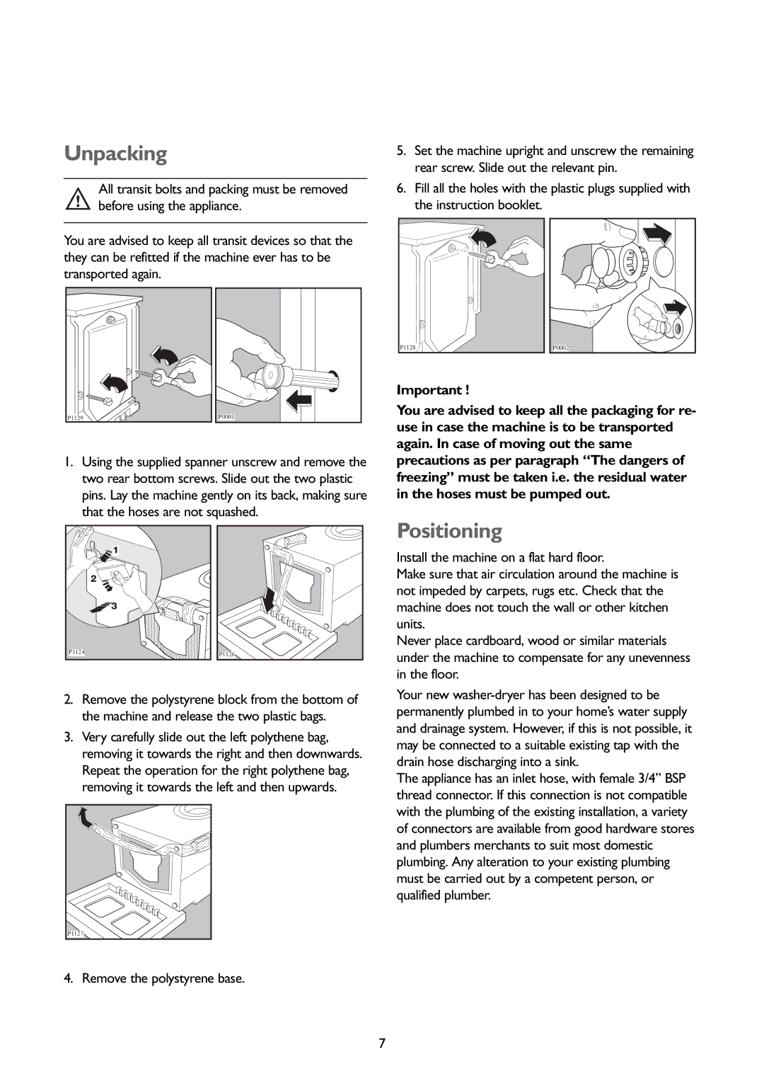 John Lewis JLWD 1408 instruction manual Unpacking, Positioning, Remove the polystyrene base 