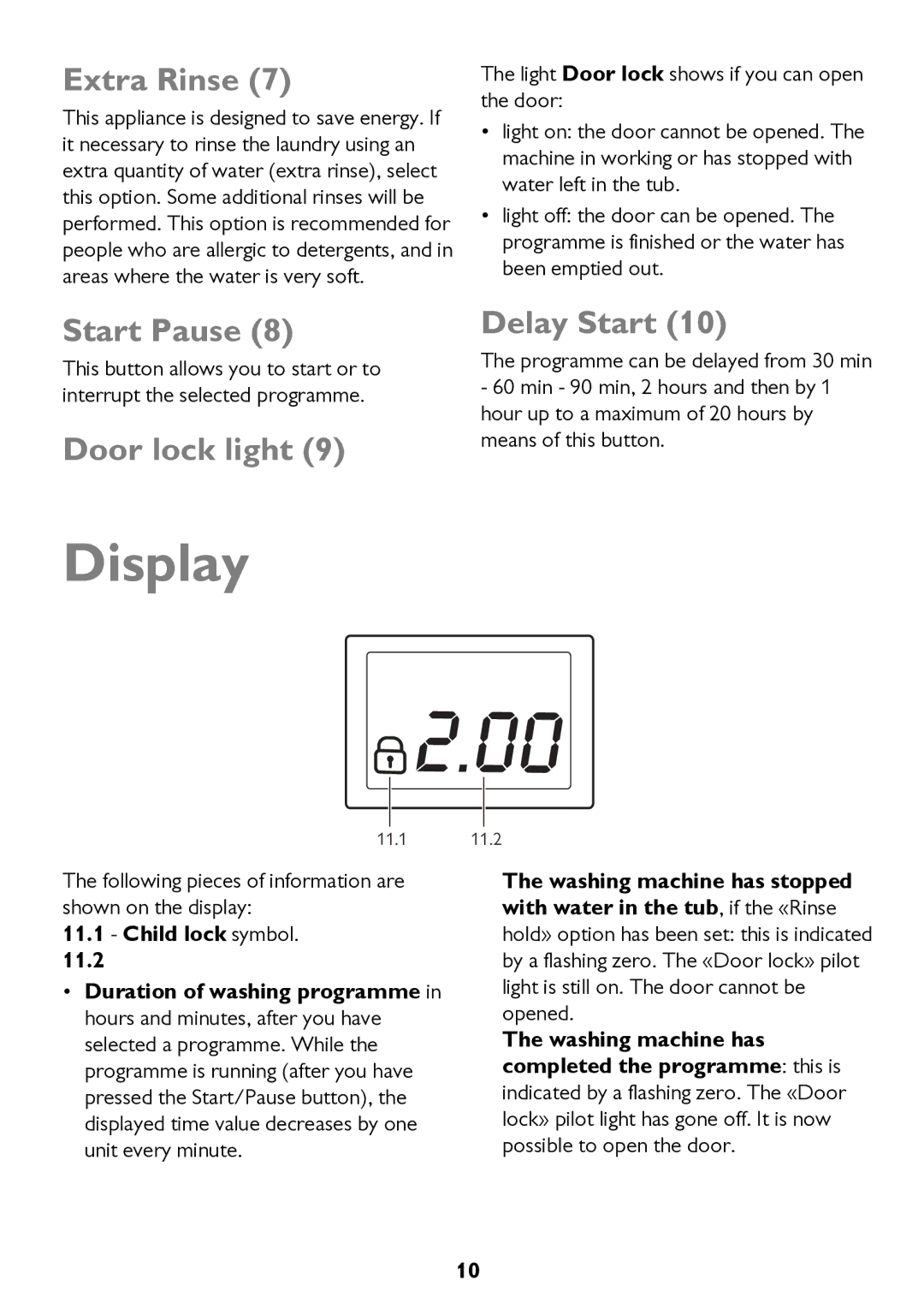 John Lewis JLWD 1610 instruction manual Display, Extra Rinse, Start Pause, Door lock light Delay Start 