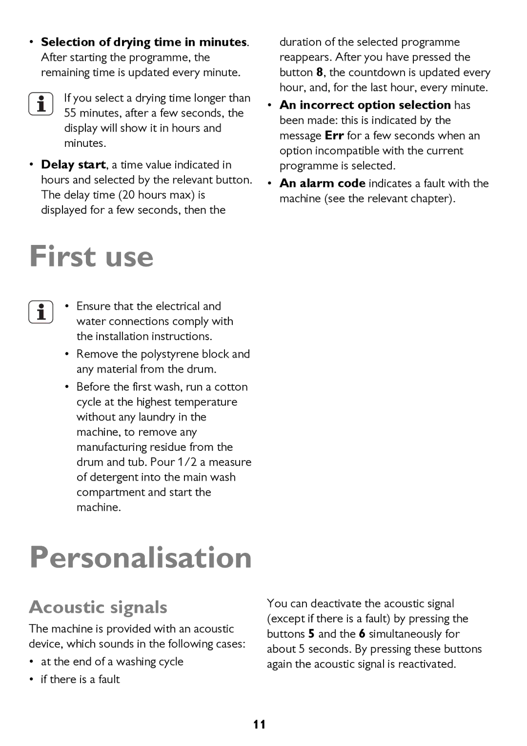 John Lewis JLWD 1610 instruction manual First use, Personalisation, Acoustic signals 