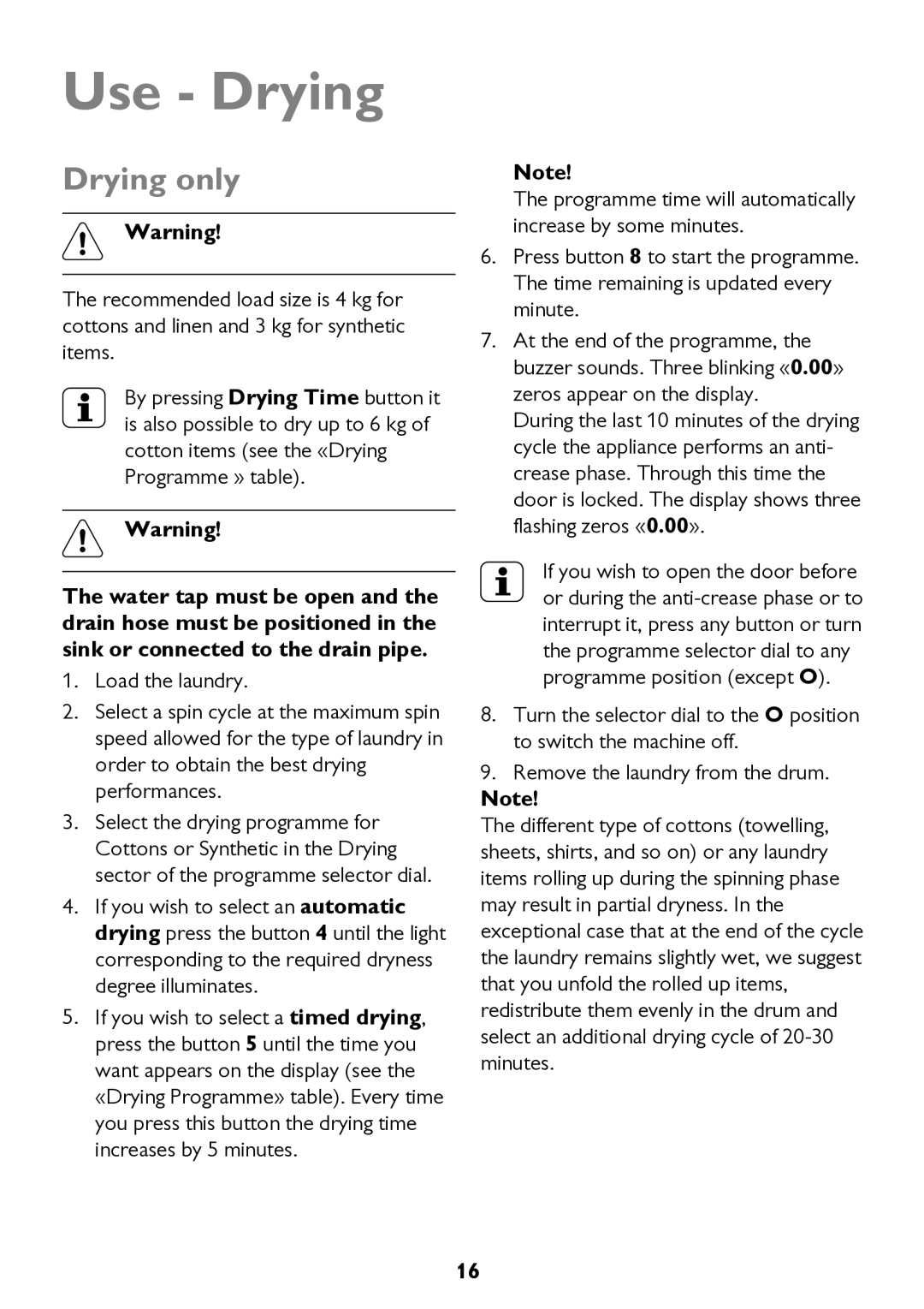 John Lewis JLWD 1610 instruction manual Use Drying, Drying only 