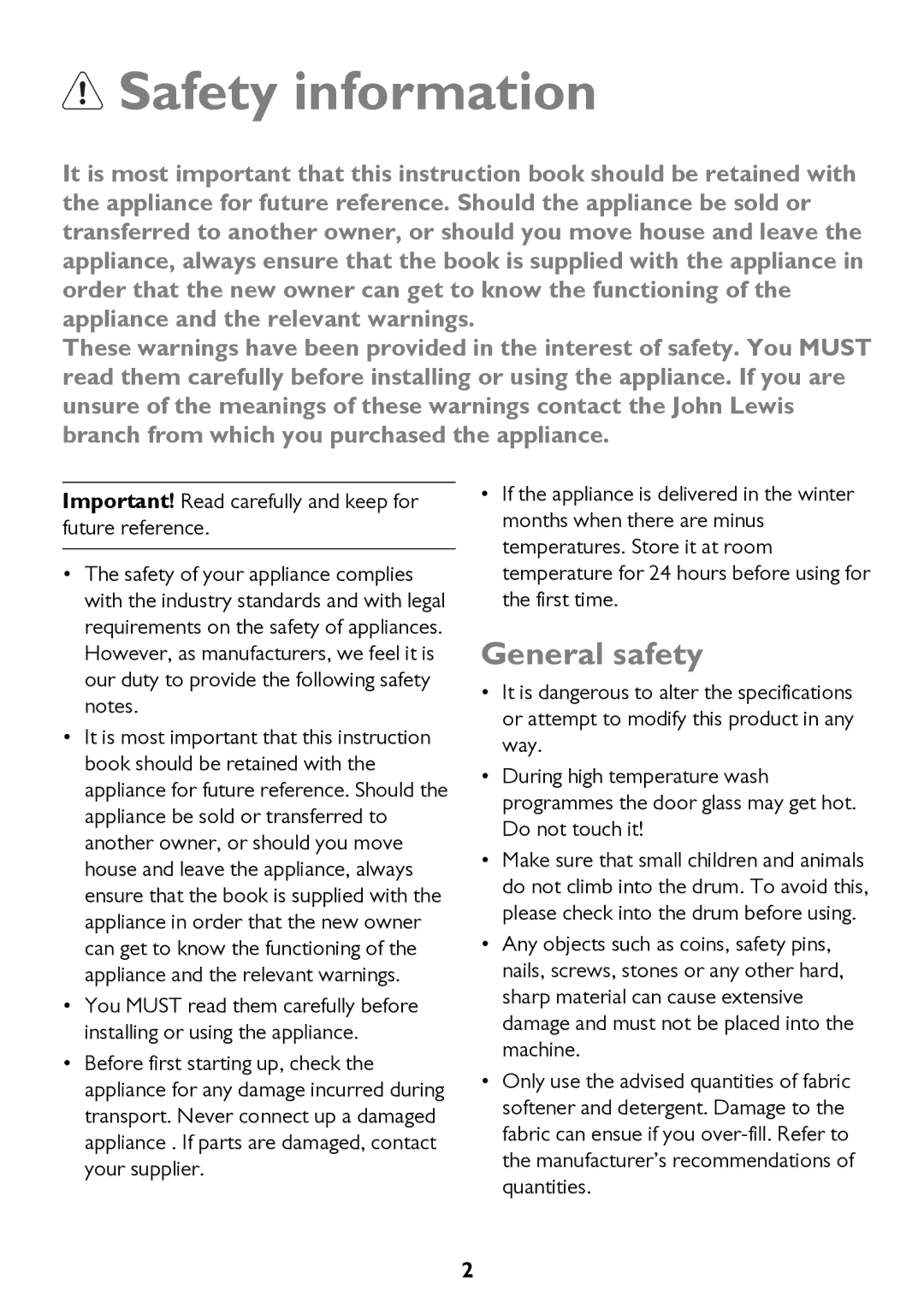 John Lewis JLWD 1610 instruction manual Safety information, General safety 