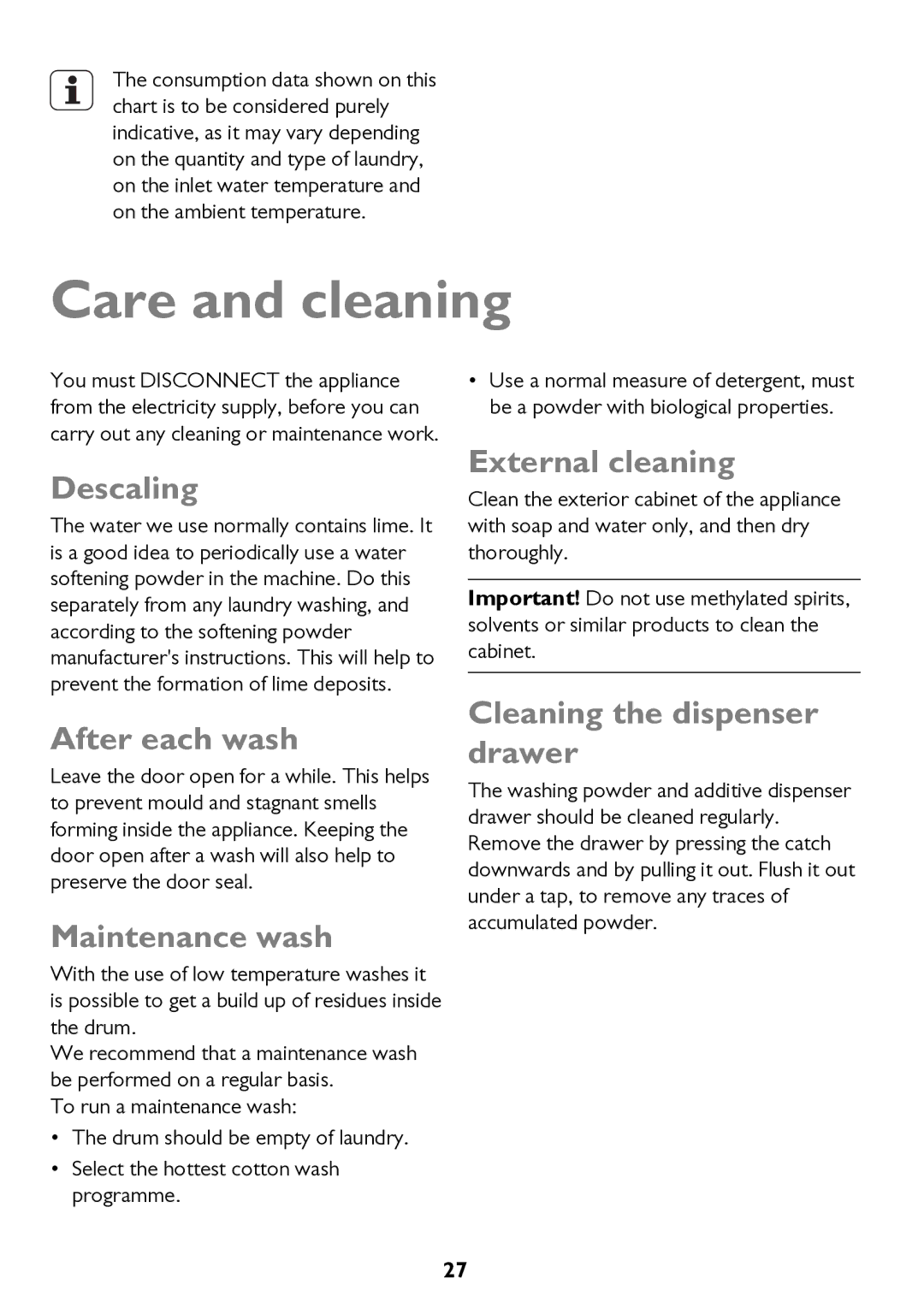 John Lewis JLWD 1610 instruction manual Care and cleaning 