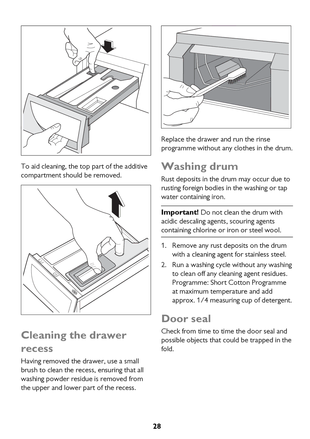 John Lewis JLWD 1610 instruction manual Cleaning the drawer recess, Washing drum, Door seal 