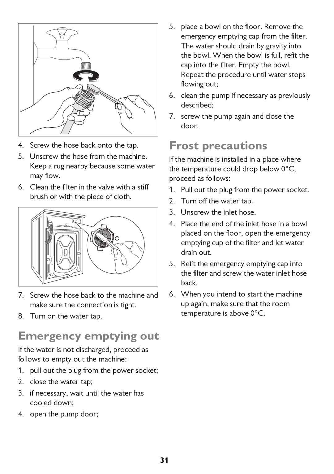 John Lewis JLWD 1610 instruction manual Emergency emptying out, Frost precautions 