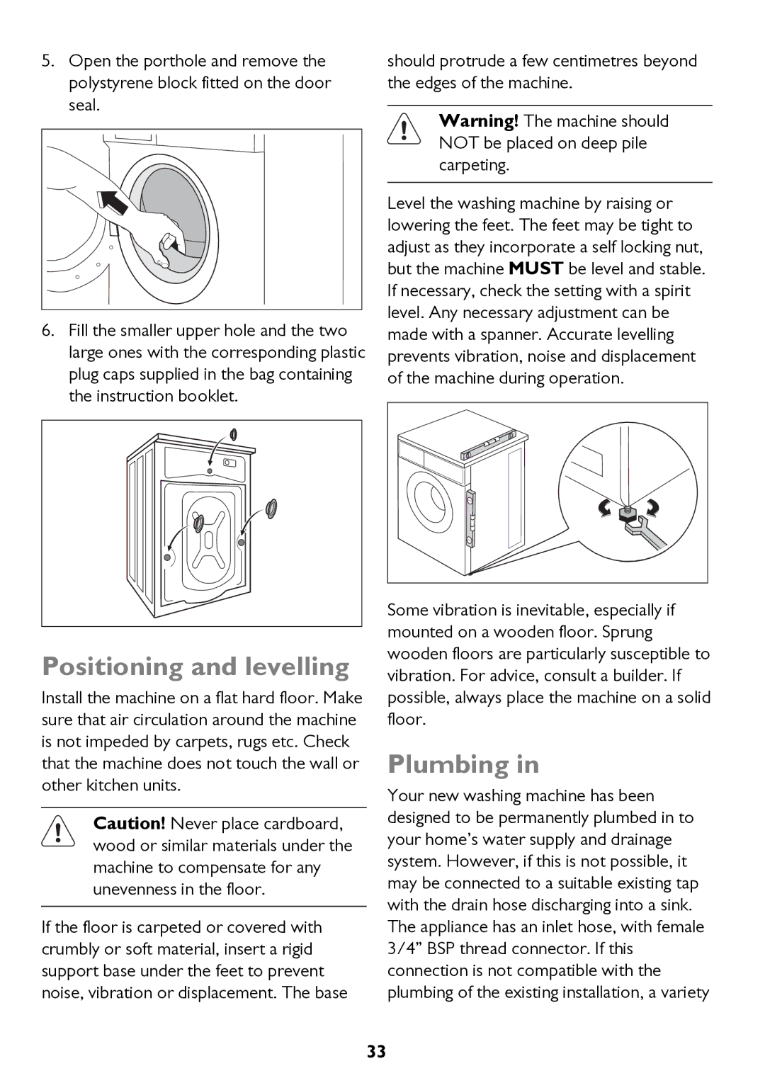 John Lewis JLWD 1610 instruction manual Positioning and levelling, Plumbing 