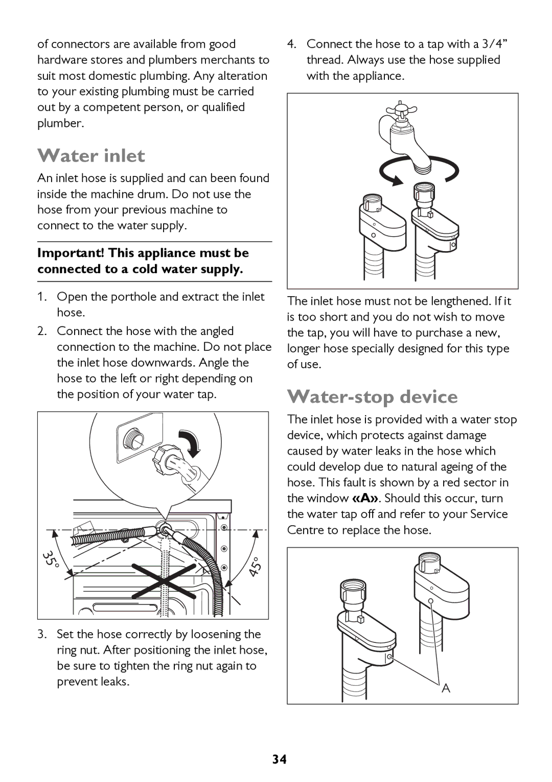 John Lewis JLWD 1610 instruction manual Water inlet, Water-stop device 