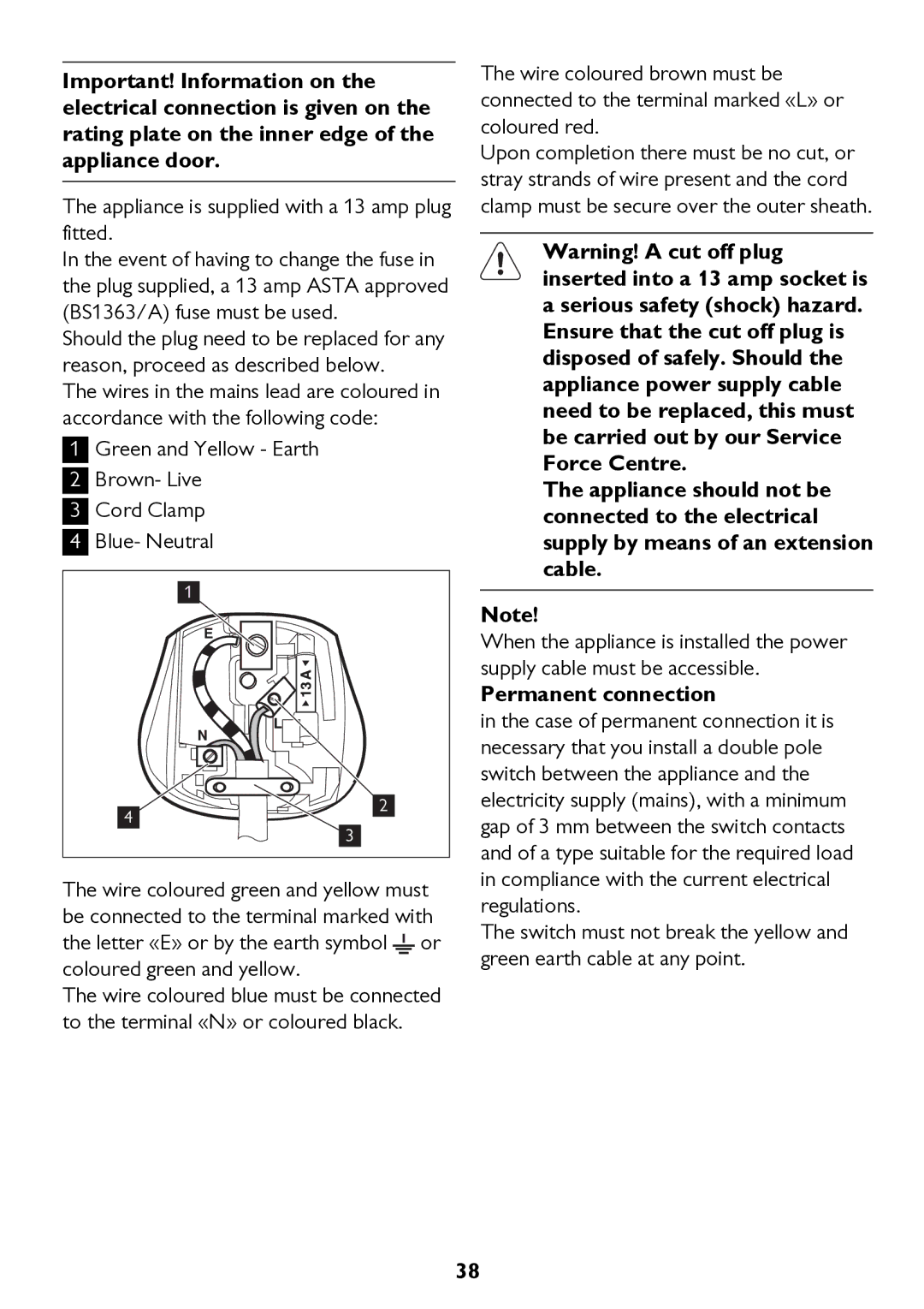 John Lewis JLWD 1610 instruction manual Appliance is supplied with a 13 amp plug fitted, Permanent connection 