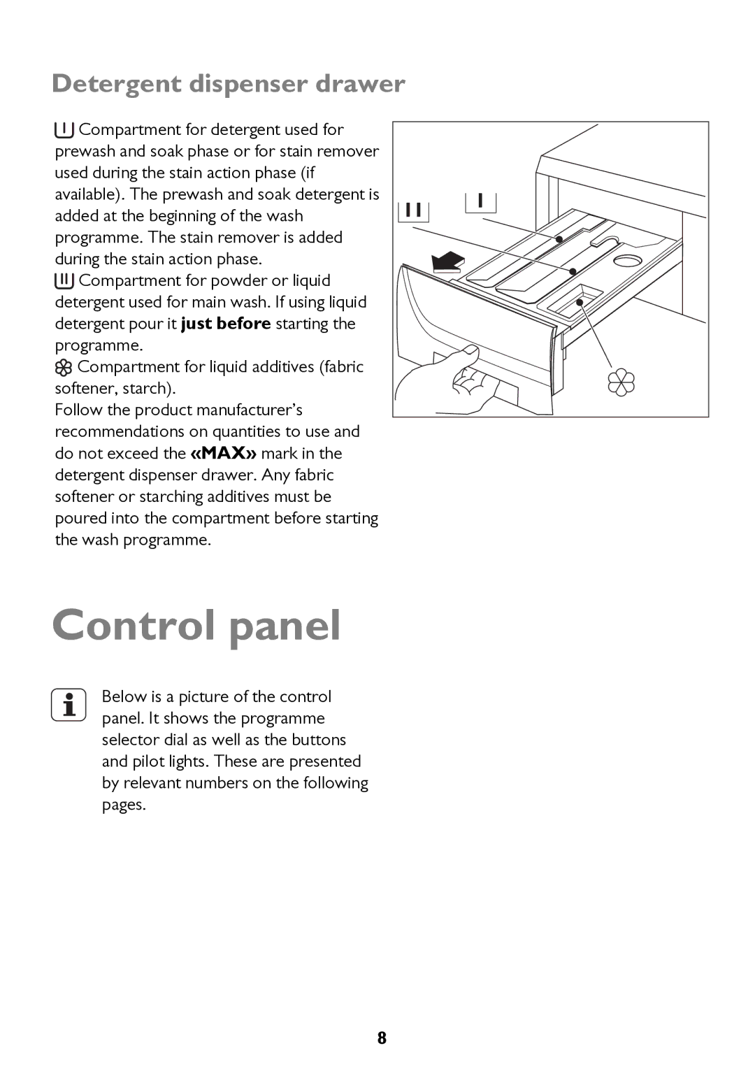 John Lewis JLWD 1610 instruction manual Control panel, Detergent dispenser drawer 