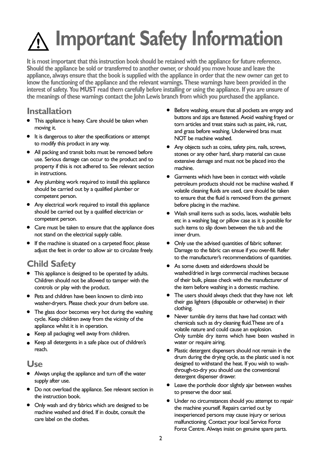 John Lewis JLWD1404 instruction manual Installation, Child Safety, Use 