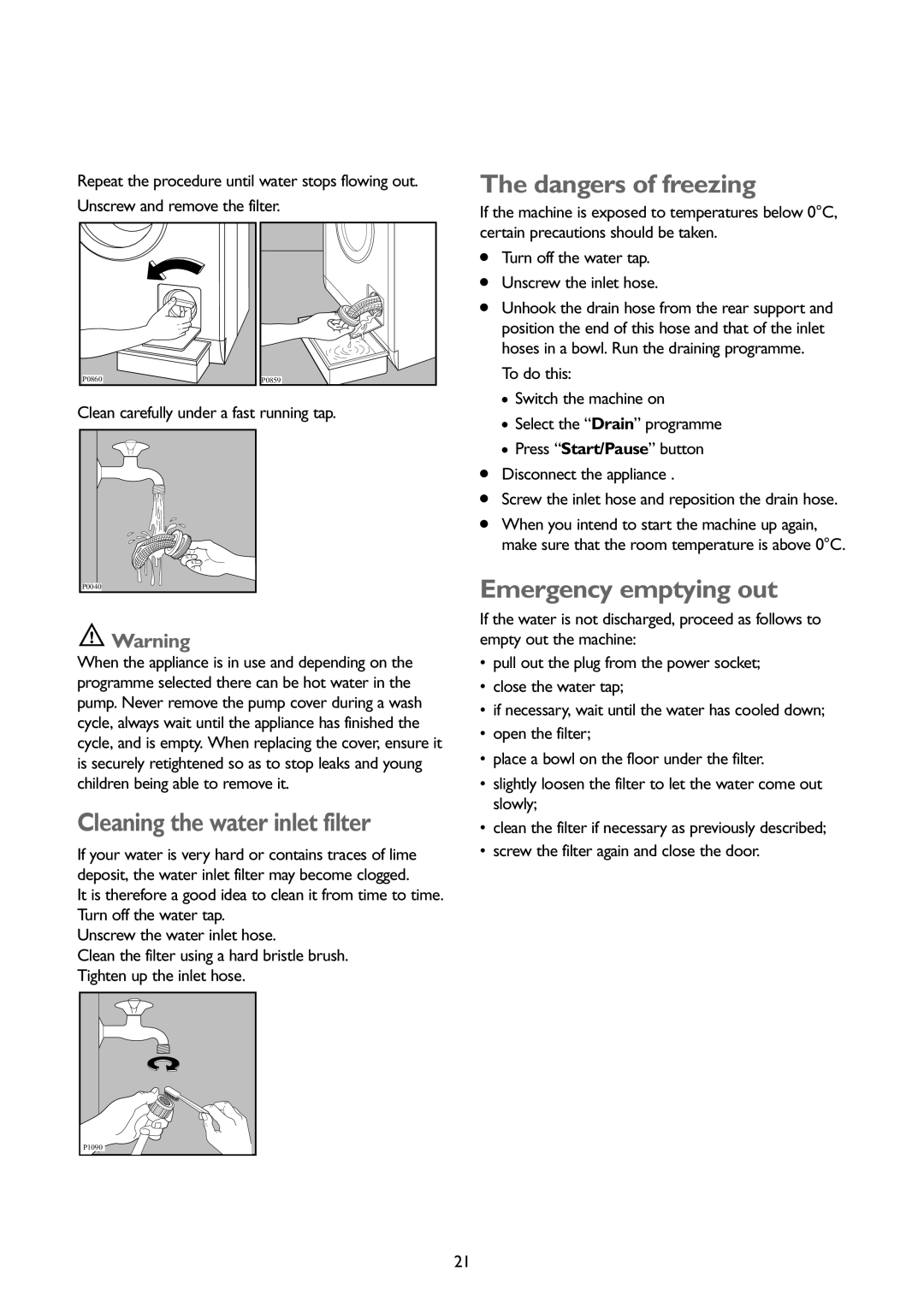 John Lewis JLWD1404 instruction manual Cleaning the water inlet filter, Emergency emptying out 