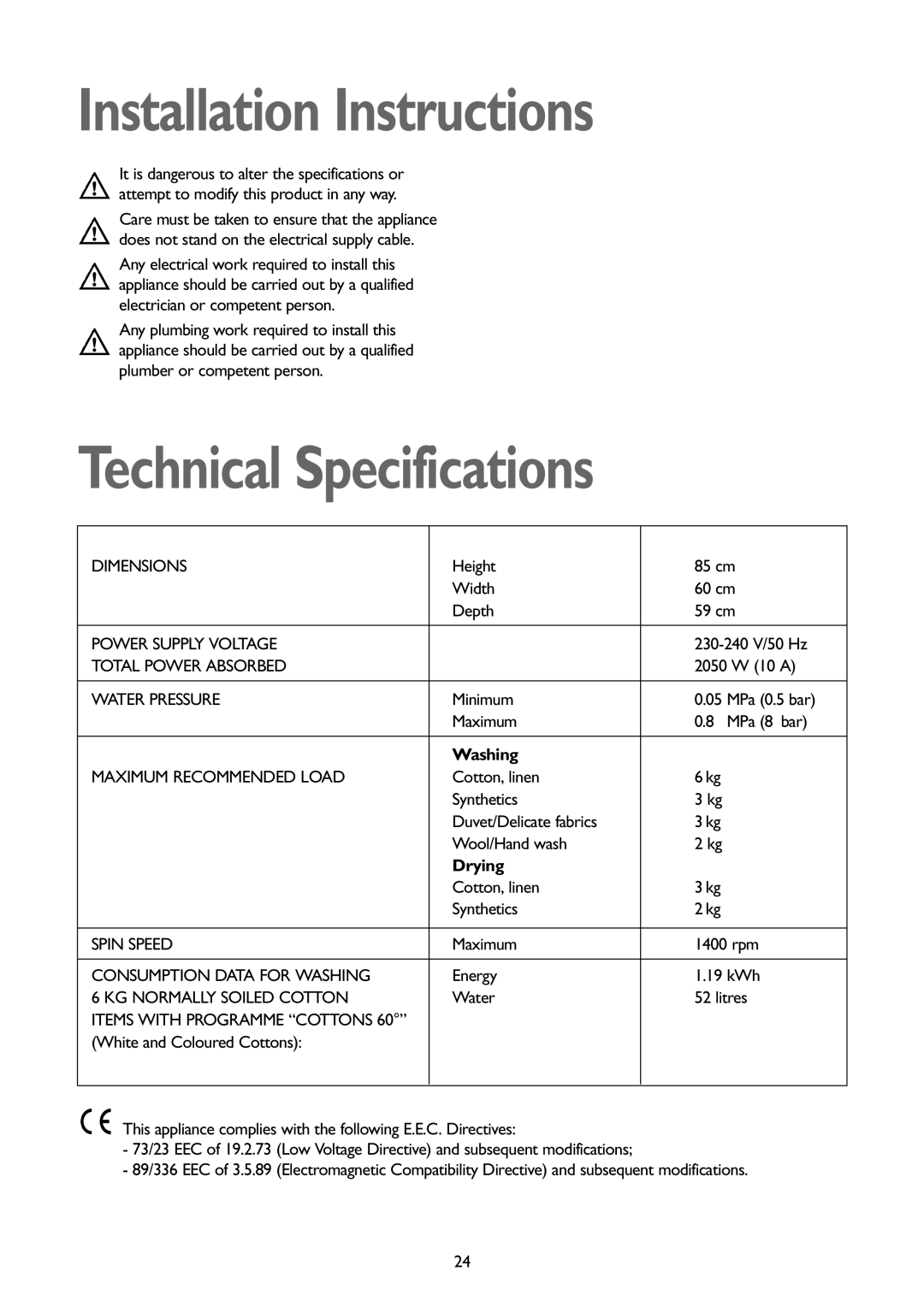 John Lewis JLWD1404 instruction manual Installation Instructions, Technical Specifications, Washing, Drying 