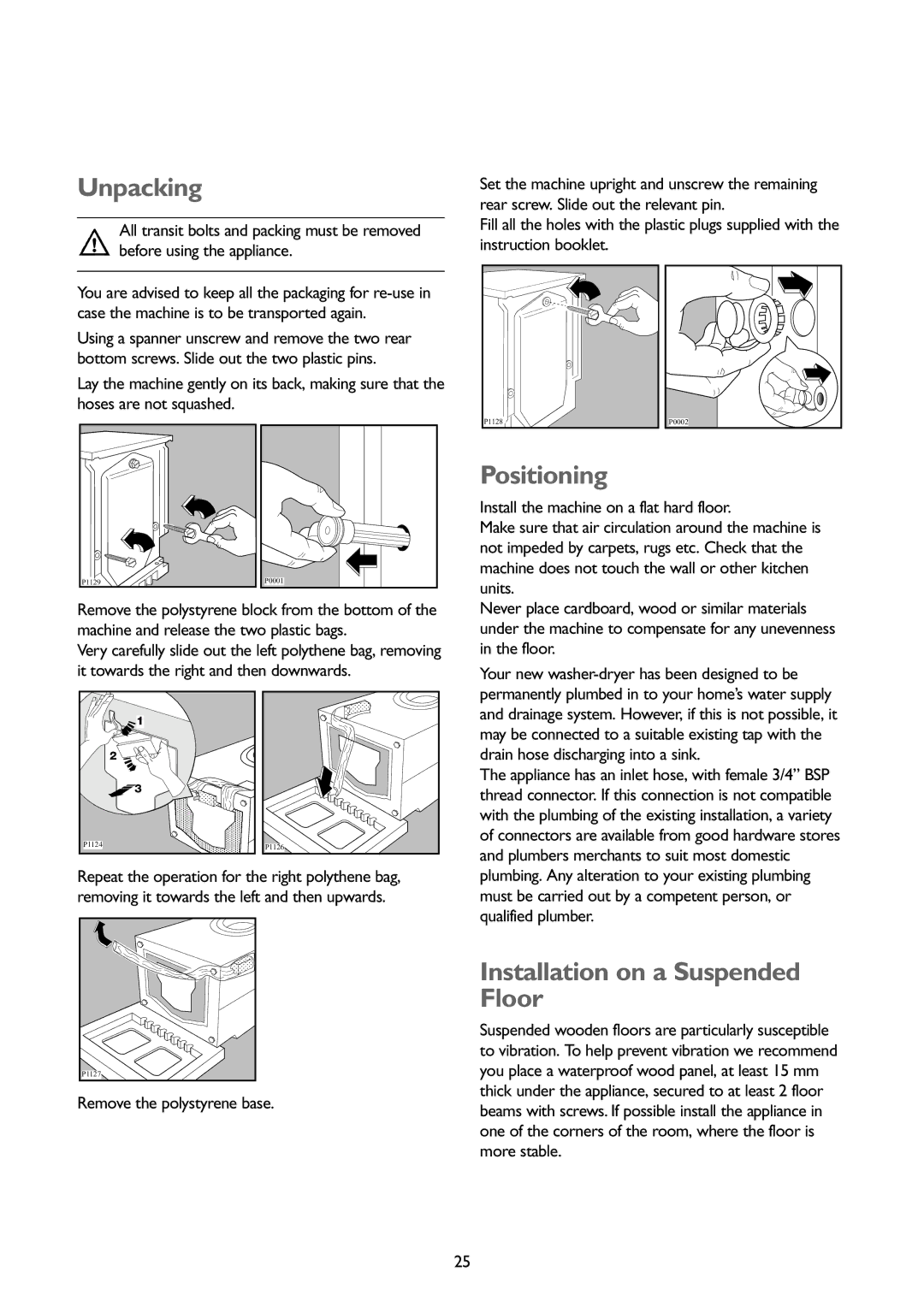 John Lewis JLWD1404 instruction manual Unpacking, Installation on a Suspended Floor 