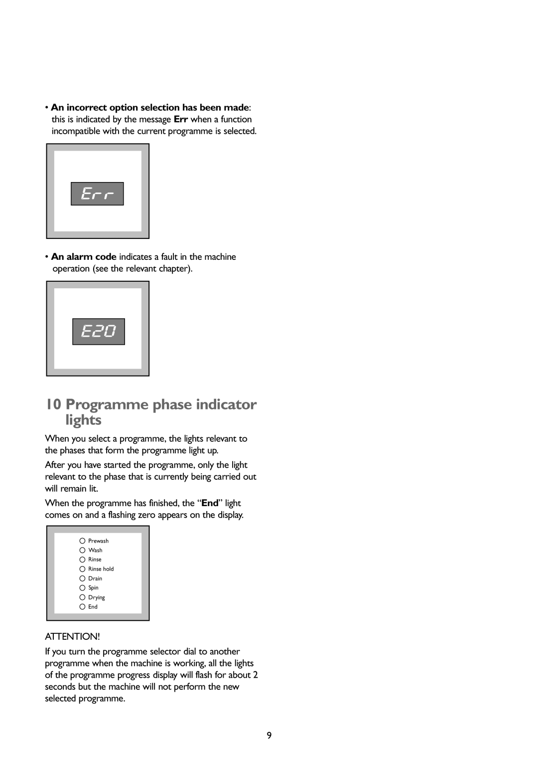 John Lewis JLWD1404 instruction manual E20, Programme phase indicator lights 