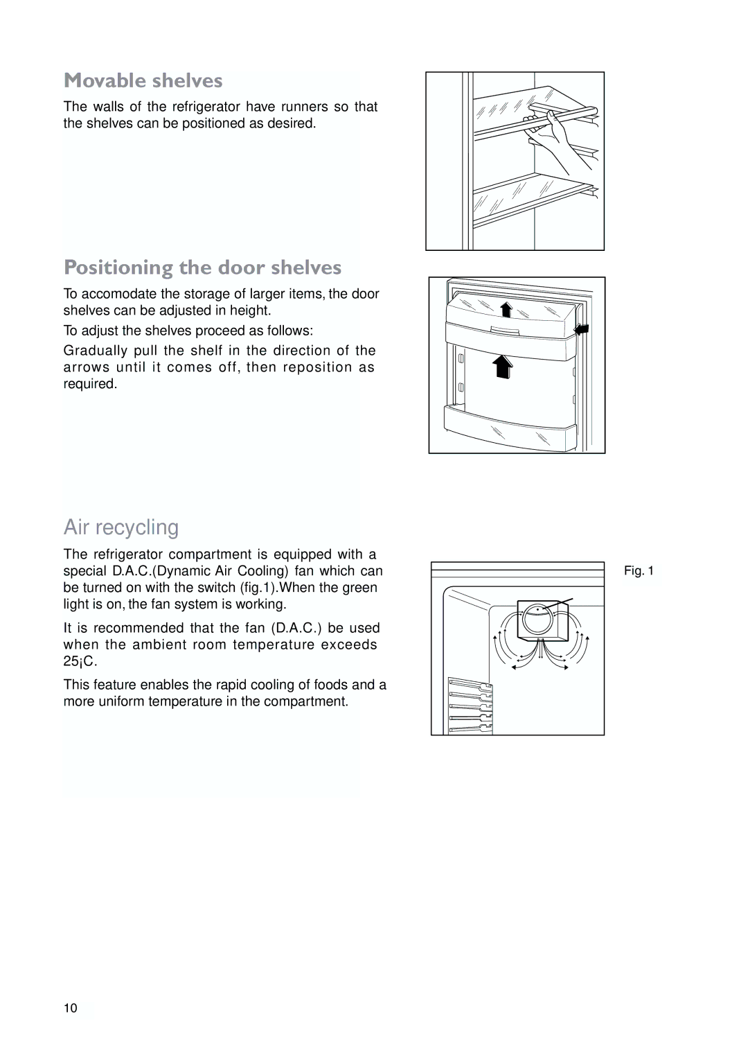 John Lewis JLWFF1101 instruction manual Movable shelves, Positioning the door shelves, Air recycling 