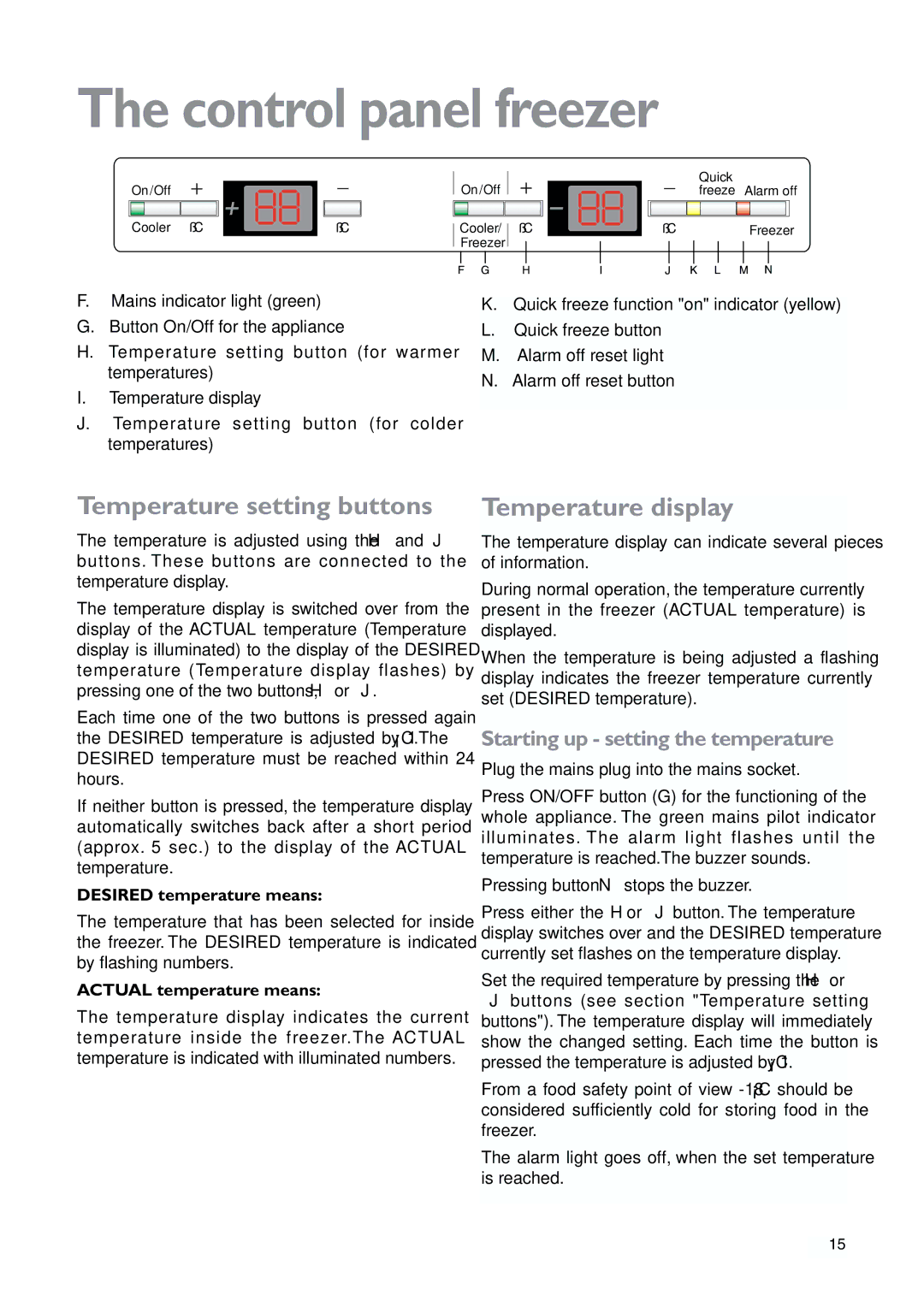 John Lewis JLWFF1101 instruction manual Control panel freezer, Starting up setting the temperature 