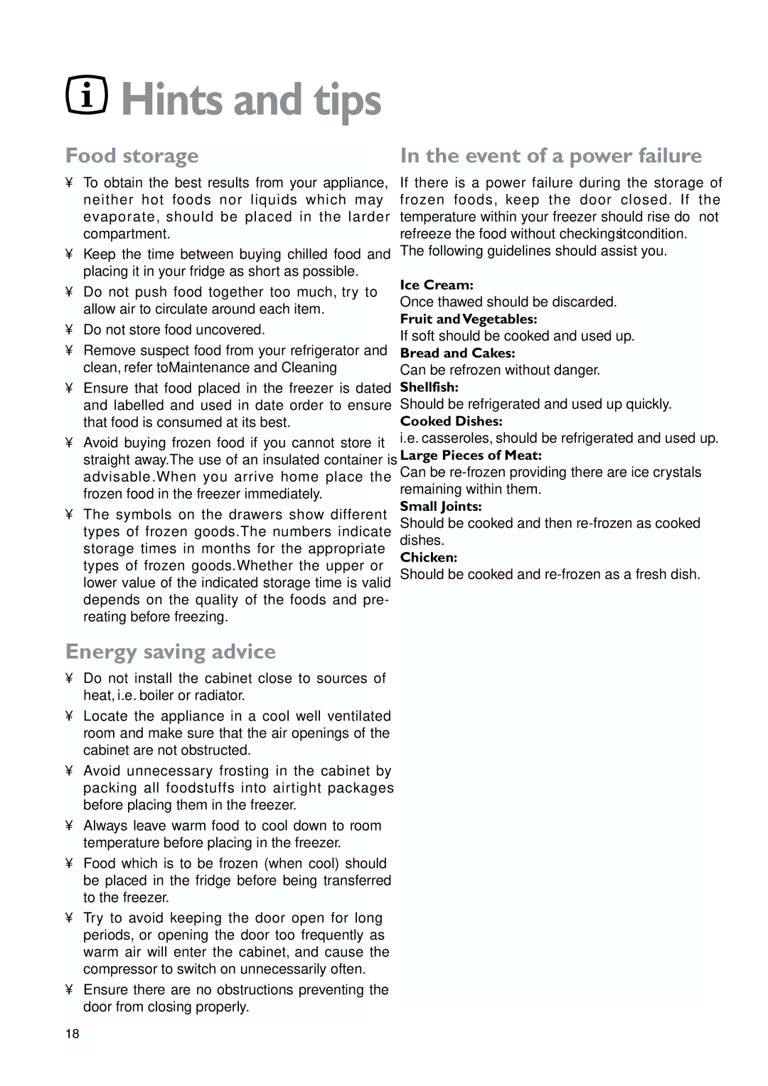 John Lewis JLWFF1101 instruction manual Food storage, Energy saving advice, Event of a power failure 