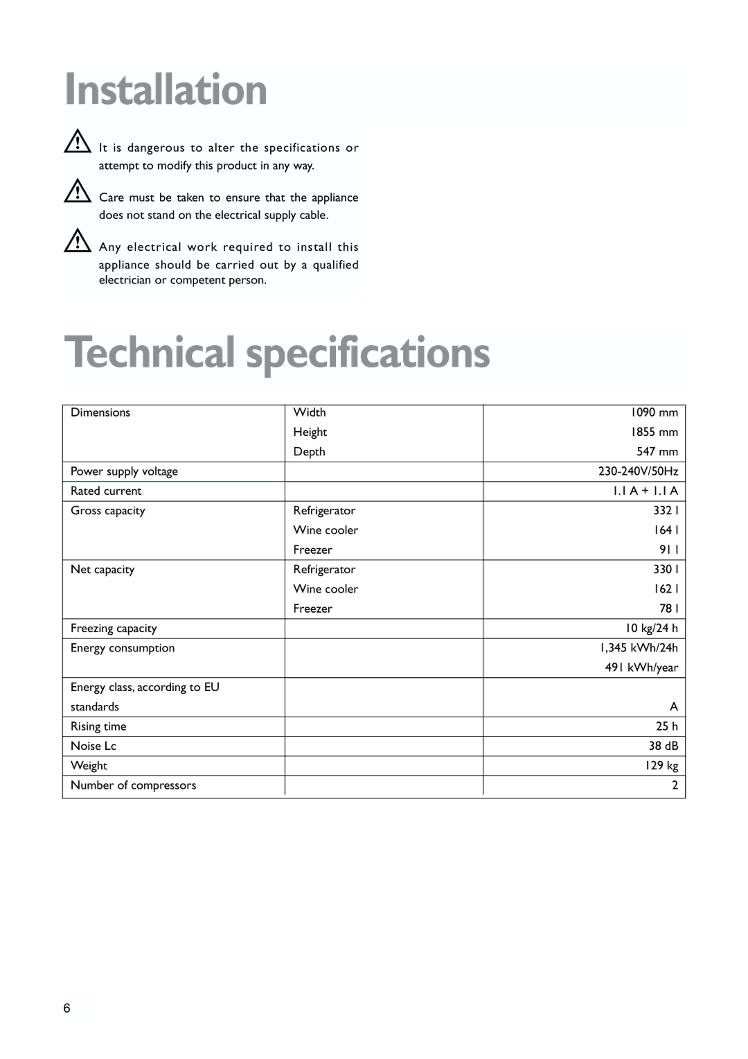 John Lewis JLWFF1101 instruction manual Installation, Technical specifications 