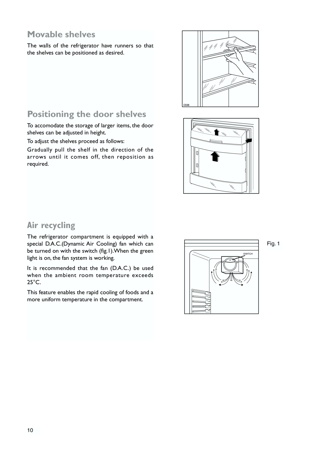 John Lewis JLWFF1101 instruction manual Movable shelves, Positioning the door shelves, Air recycling 
