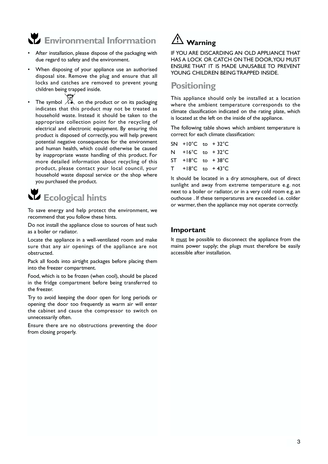 John Lewis JLWFF1101 instruction manual Environmental Information, Ecological hints, Positioning 