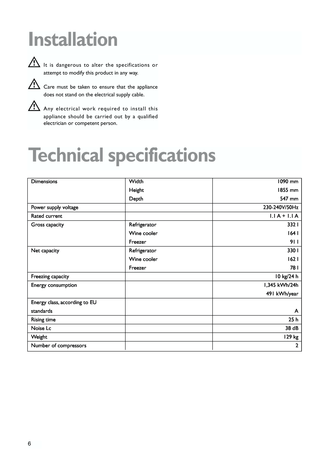 John Lewis JLWFF1101 instruction manual Installation, Technical specifications 